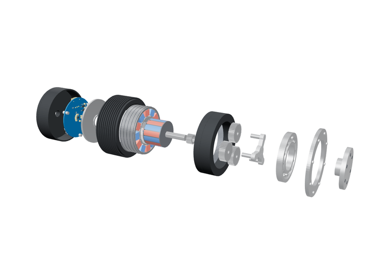 Exploded 3D view of a robot joint actuator, from rear cover to output flange, with the ulna-60-25 drive board