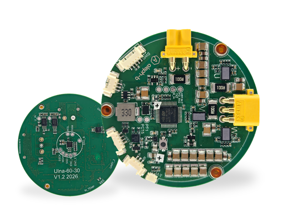 Technical product graphic showing two green circular GaN motor driver PCBs on a white background, with headline text reading 'GaN motor drives for humanoid robotics.' and a small 'alephb' logo at the top.